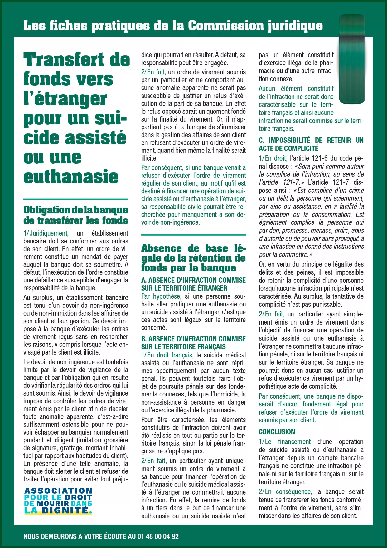 Transfert de fonds vers l’étranger pour un suicide assisté ou une euthanasie